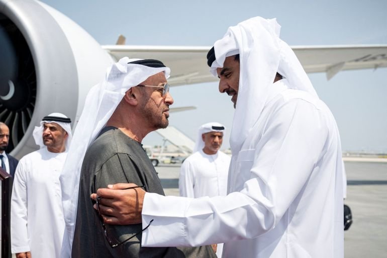 Sheikh Mohamed bin Zayed Al Nahyan, President of the United Arab Emirates, is received by Sheikh Tamim bin Hamad Al Thani, Emir of Qatar, as he arrives at Doha International Airport, in Doha, Qatar, September 10, 2025.