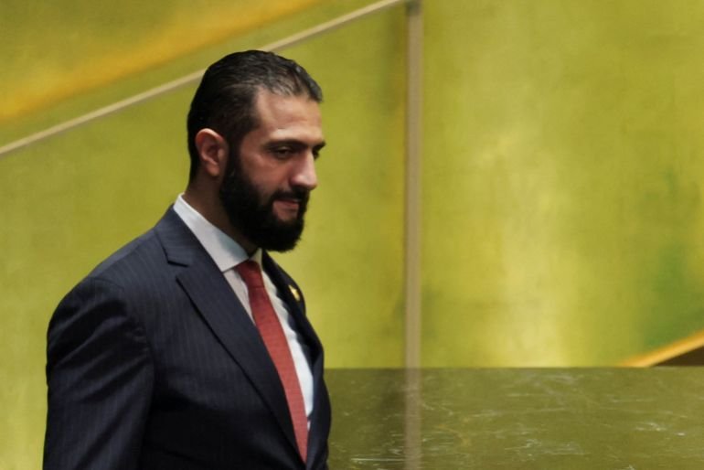 Syrian President Ahmed al-Sharaa arrives to address the 80th United Nations General Assembly at the U.N. headquarters in New York, U.S., September 24, 2025 [Jeenah Moon/Reuters]
