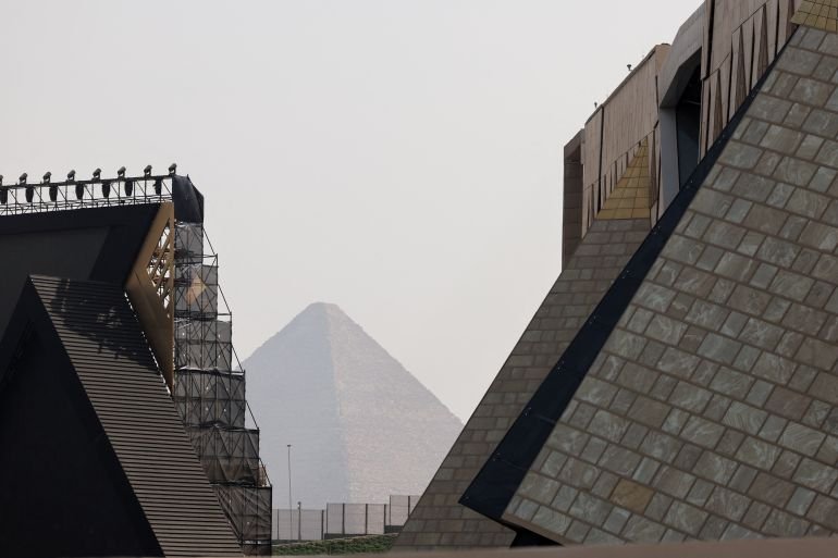 The Pyramid in Giza is seen in the distance from the Grand Egyptian Museum before the official opening of the museum, Egypt, November 1, 2025.