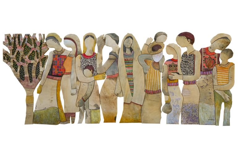mixed media depicting a group of Palestinian villagers, with children, next to an olive tree