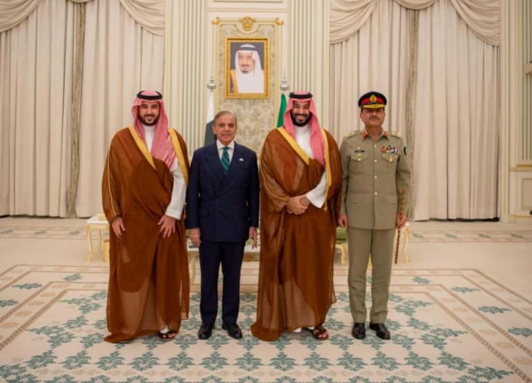 Crown Prince and Prime Minister of Saudi Arabia H.R.H. Muhammad bin Salman bin Abdulaziz Al Saud, Defence Minister of Kingdom of Saudi Arabia H.R.H. Khalid bin Salman Al Saud, Prime Minister Muhammad Shehbaz Sharif and Field Marshal, Syed Asim Munir Chief of Army Staff in a photo after the signing ceremony of Strategic Mutual Defence Agreement (SMDA) between Pakistan and Kingdom of Saudi Arabia. Riyadh, 17 September 2025. [Handout/Pakistan Prime Minister's Office] 