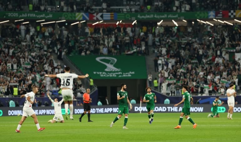 Soccer Football - FIFA Arab Cup - Qatar 2025 - Group A - Syria v Palestine - Education City Stadium, Al Rayyan, Qatar - December 7, 2025 Syria and Palestine players celebrate after qualifying for the knockout stage REUTERS/Mohammed Salem
