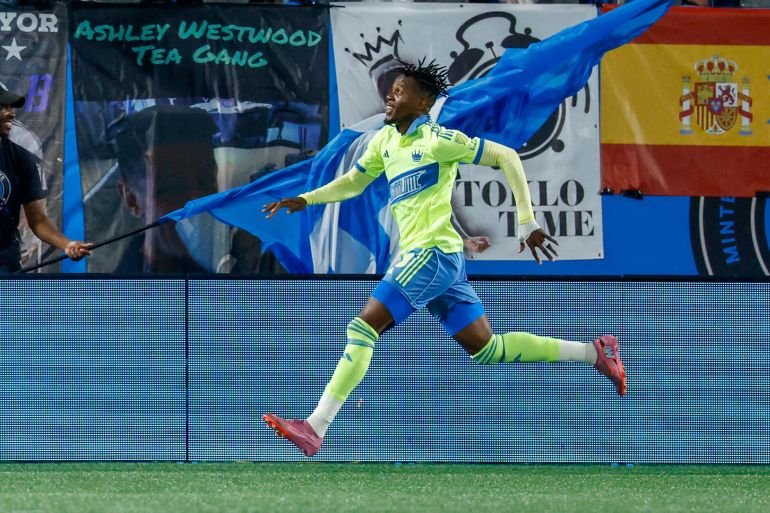 Charlotte FC forward Wilfried Zaha (10) celebrates after scoring a goal against CF Montreal during the first half of an MLS soccer match in Charlotte, N.C., Saturday, Sept. 27, 2025. (AP Photo/Nell Redmond)