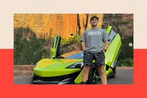 Cameron George/Instagram A white man wearing a Nirvana t-shirt and shorts stands in front of a lime green sports car with its doors open