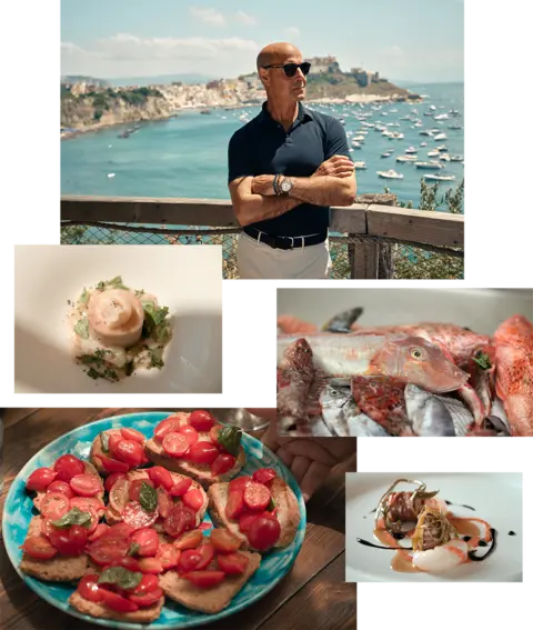 National Geographic/Matt Holyoak Stanley Tucci in Naples and various food dishes.
