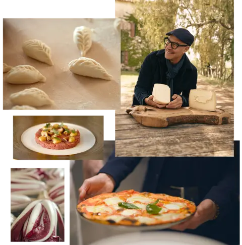 National Geographic/Matt Holyoak Stanley Tucci iholding cheese and various food dishes.