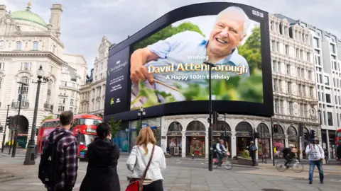 A billboard wishing Sir David Attenborough a happy birthday in London's Piccadilly Circus