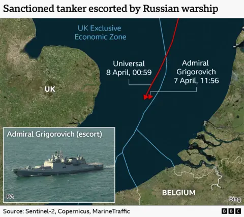 A BBC graphic showing the route of Universal and Admiral Grigorovich through the North Seat and inside the UK's Exclusive Economic Zone
