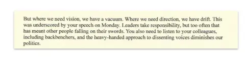 Excerpt from Wes Streeting's letter reading: But where we need vision, we have a vacuum. Where we need direction, we have drift. This was underscored by your speech on Monday. Leaders take responsibility, but too often that has meant other people falling on their swords. You also need to listen to your colleagues, including backbenchers, and the heavy-handed approach to dissenting voices diminishes our politics.