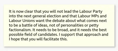 Graphic showing an excerpt from Wes Streeting’s resignation letter reading: "It is now clear that you will not lead the Labour Party into the next general election and that Labour MPs and Labour Unions want the debate about what comes next to be a battle of ideas, not of personalities or petty factionalism. It needs to be broad, and it needs the best possible field of candidates. I support that approach and I hope that you will facilitate this.”