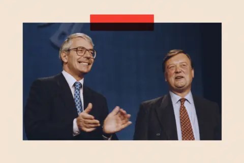Getty Images British Prime Minister John Major (left) and Chancellor of the Exchequer, Kenneth Clarke 
