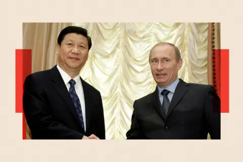 AFP via Getty Images Russian Prime Minister Vladimir Putin (R) shakes hands with Xi Jinping in Moscow in 2010

