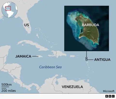 Map showing location of Jamaica and Barbuda