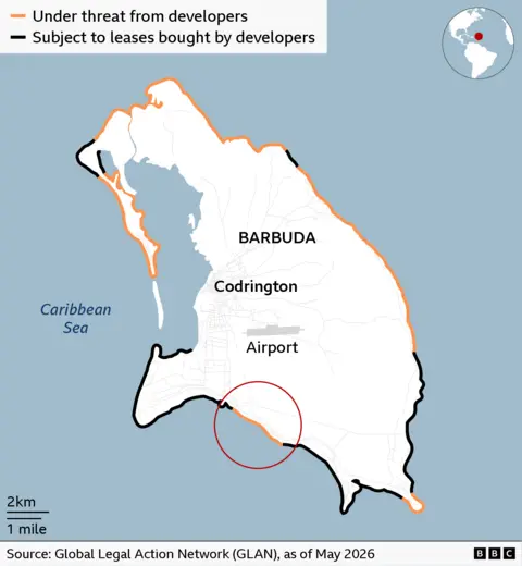 Coast of Barbuda showing which sections are under threat from developers and which sections are already subject to leases from developers