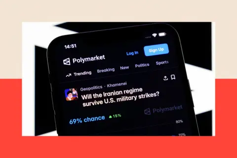 NurPhoto via Getty Images A screen shows a Polymarket screen with a photograph of Ayatollah Khamenei next to the words "Will the Iranian regime survive US military strikes?" It shows a "69% chance" and a green arrow pointing upwards saying "15%"