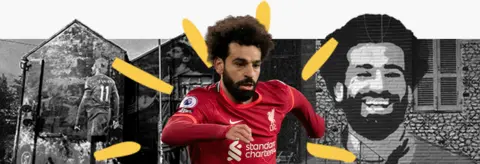 Getty Images A stylised composite image shows Mohamed Salah playing in the red of Liverpool, with gold lines drawn around him, and represented in murals turned black and white.