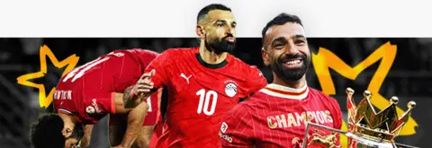 Getty Images A stylised composite image shows a smiling Mohamed Salah, in a short-sleeved red Liverpool jersey with the word "Champions" on it, holding the Premier League Trophy, festooned with red ribbons, playing for Liverpool and for Egypt in a short-sleeved red number 10 jersey. In the background, two stars have been drawn in gold lines.