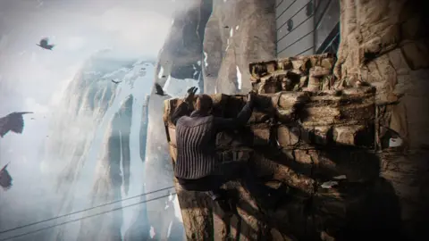 IO Interactive An action screenshot from the new Bond game of the spy rock climbing