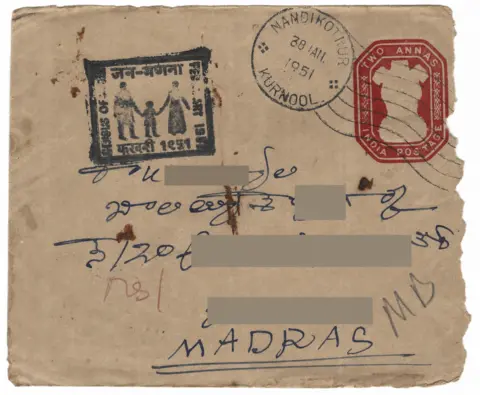 Vikas Kumar An envelope mailed from Nandikotkur in January 1951 and delivered in Madras (now Chennai) days later bears one of the earliest known bilingual postmarks promoting India's first post-independence census. The black pictorial stamp - showing a family of three with "Census of India, February 1951" in Hindi and English - became the most widely used census postmark of the era.