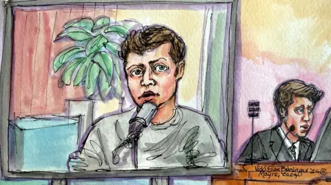 Reuters A court sketch of Sam Altman watching a screen showing himself on a podcast.