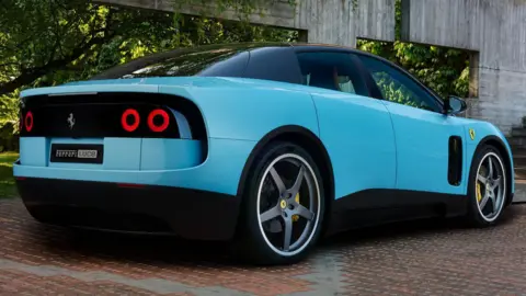 Ferrari A back view of a light blue Ferrari Luce 