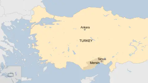 A map showing Tarsus district in Mersin province, southern Turkey.