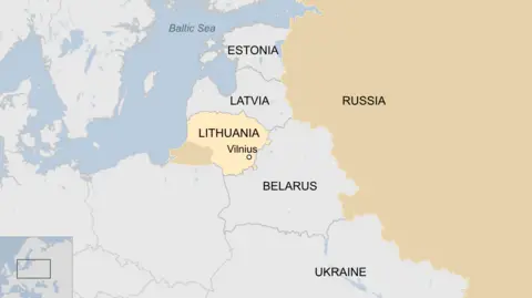 A map showing Lithuania and its capital Vilnius, and also Estonia, Latvia, Belarus, Russia and Ukraine