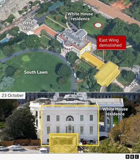 A collage showing an aerial view of the White House that highlights the East Wing, as well as a 23 October image of demolition at the White House.