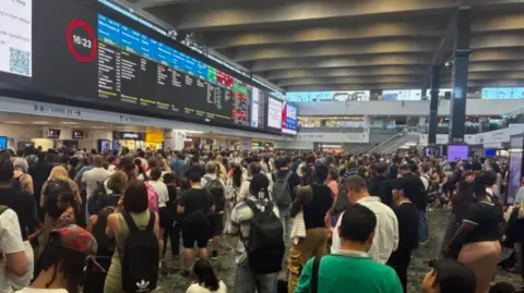 Commuters at London Euston station gathered to look at train schedules