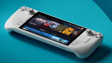 Valve A white OLED Steam Deck on a blue background, turned on with different game titles on the screen