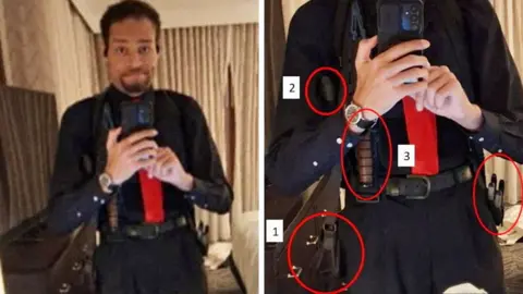 US Department Of Justice Cole Tomas Allen, the suspect in the shooting incident in Washington at the annual White House Correspondents' Association dinner, appears in a selfie picture in a composite handout image released on April 29, 2026