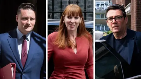 Getty/ Belinda Jiao/ The Telegraph Pictures of the three potential challengers - Wes Streeting, Angela Rayner and Andy Burnham  - are displayed in a triple split-screen. 