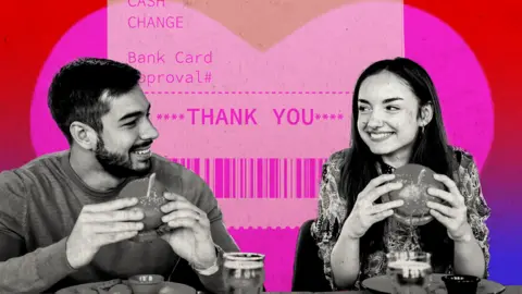 BBC A composite image of a man and a woman with the graphic of a receipt in the background.