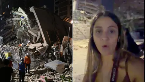 BBC, Getty Images A split image of journalist Nicole Kolster standing on a badly damaged street in Caracas looking at the camera, and people in helmets expecting the rubble of a collapsed building