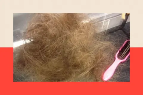 Victoria Derbyshire A pile of Victoria's hair is collected beside a pink hairbrush 