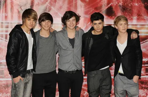 Getty Images One Direction pose in front of The X Factor logo in December 2010