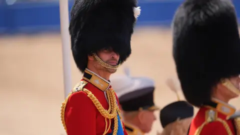 PA Media The Prince of Wales pictured wearing a busby hat and in his red, yellow and black military uniform during proceedings. 