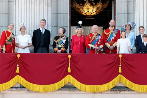 Getty Images Prince Edward, Duke of Edinburgh, Sophie, Duchess of Edinburgh, Vice Admiral Sir Timothy Laurence, Princess Anne, Princess Royal, Queen Camilla, King Charles III, Prince William, Prince of Wales, Princess Charlotte of Wales, Catherine, Princess of Wales, Prince George of Wales and Prince Louis of Wales on the balcony of Buckingham Palace