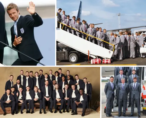 Corbis via Getty Images / Allsport / Getty Images / FA / M&S David Beckham with the England World Cup squad leaving for Germany, at Luton Airport, England. The England squad pose in double-breasted suits on the steps prior to leaving for Italy for the 1990 FIFA World Cup. England squad pose for a group photo ahead of Qatar World Cup 2022. England prepare to board a plane leaving for the 2014 Brazil World Cup on June 1, 2014 in Luton, England