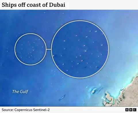 A satellite image showing ships off the coast of Dubai