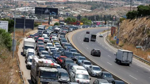 Reuters Traffic jam on the highway to southern Lebanon, near Sidon (23 June 2026)