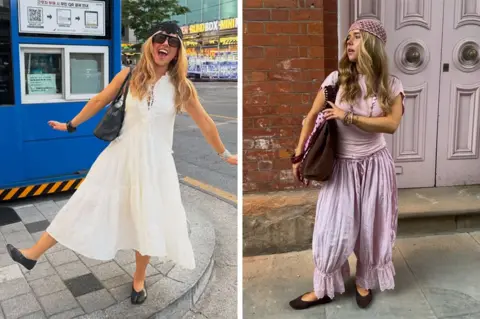 Jess Jepson Split pic of young woman wearing two summery outfits. On the left, she wears a breezy white midi dress and on the right a lilac t-shirt with oversized lilac pants. 
