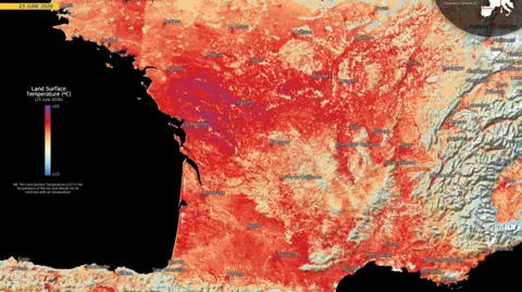 European Union, Copernicus Sentinel-3 imagery Copernicus Sentinel-3 satellites acquired on 23 June 2026 at 09:54 UTC shows the Land Surface Temperatures (LST) across central and southern France, and northern Spain