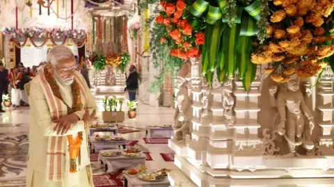 India Press Information Bureau handout Indian Prime Minister Narendra Modi attending the inauguration ceremony of the Ram Mandir temple in Ayodhya, Uttar Pradesh, India, 22 January 2024. 