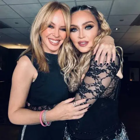 Ricardo Gomes Kylie and Madonna pose backstage at the star's Celebration tour