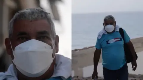 Nicole Kolster/BBC Two photos: one showing only a close up of a mans face you can only see his eyes as he is wearing a white mask. The other  showing almost the full body of Jesús, wearing a face mask, a blue T-shirt, and trousers.