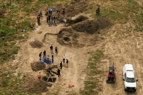 Getty Images In an aerial view, investigators search for animal remains while executing a second search warrant at Miranda's Rescue as part of an active investigation into alleged animal cruelty, fraud and theft, in Fortuna, Calif., on Tuesday 23 June 23, 2026. (

