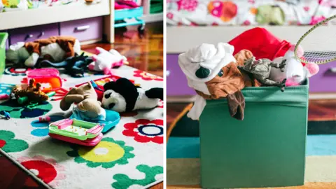 Getty Images Two side-by-side images. The left shows scattered toys across a colourful patterned rug in the foreground, including plushies, toy vehicles and small plastic items. The right image shows a green storage box holding assorted toys and clothing, with a toy racket resting on top. Low furniture and storage units are visible in the background.