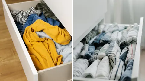 Getty Images Two side-by-side images showing open white drawers filled with clothes in the foreground. The left drawer contains unfolded garments stored messily in a drawer, including a yellow top, striped fabric, and denim. The right drawer shows neatly organised file folded shirts in light colours and patterns.