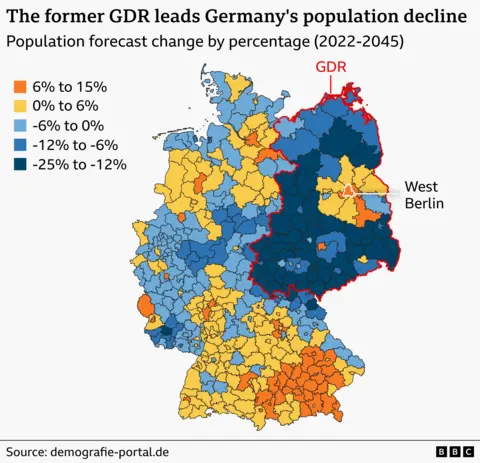 A map showing the most serious population decline is happening in the east of Germany
